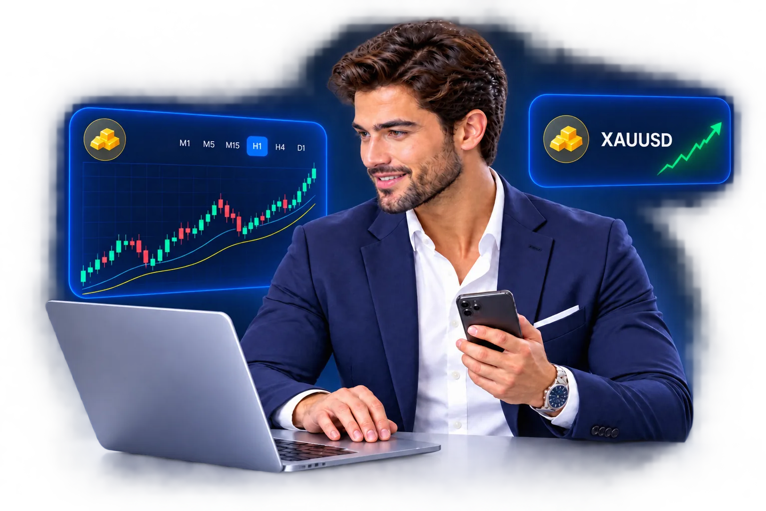 帅气男交易员使用电脑和手机查看黄金 XAUUSD 行情